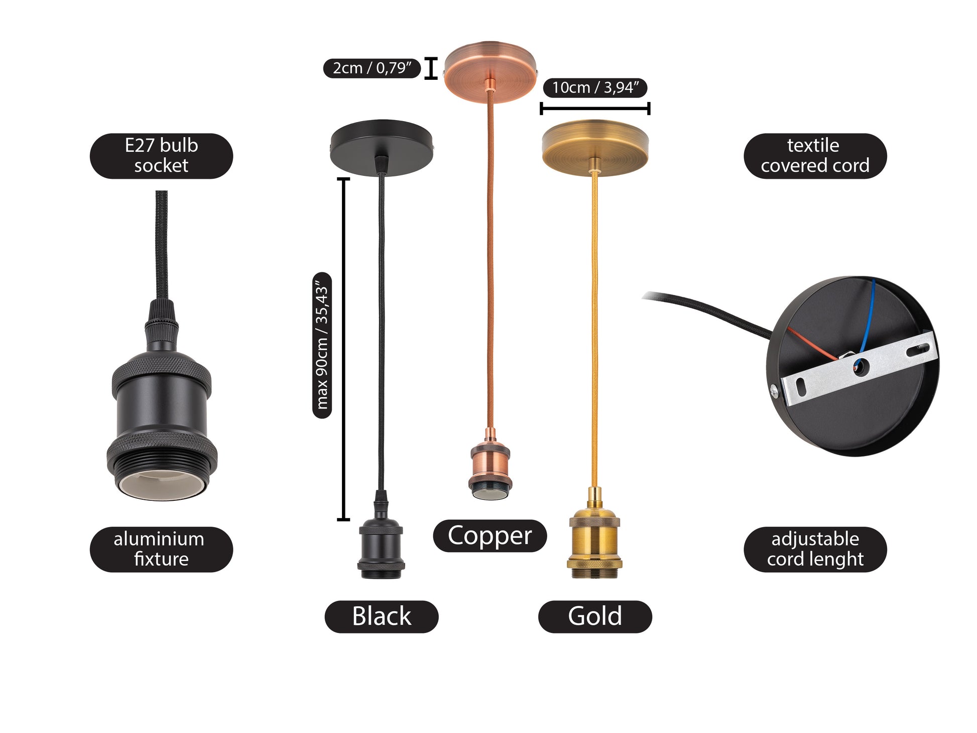 Display of socket and cord options for the pendant lampshade, including black, gold, and copper finishes. The cords are textile-covered and adjustable up to 90cm (35.43 inches) in length, with an aluminum fixture for durability.